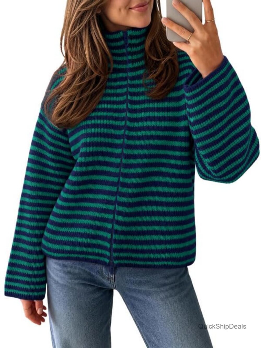 COCCKO Women's Striped Chunky Knit Mock Neck Cardigan Sweater